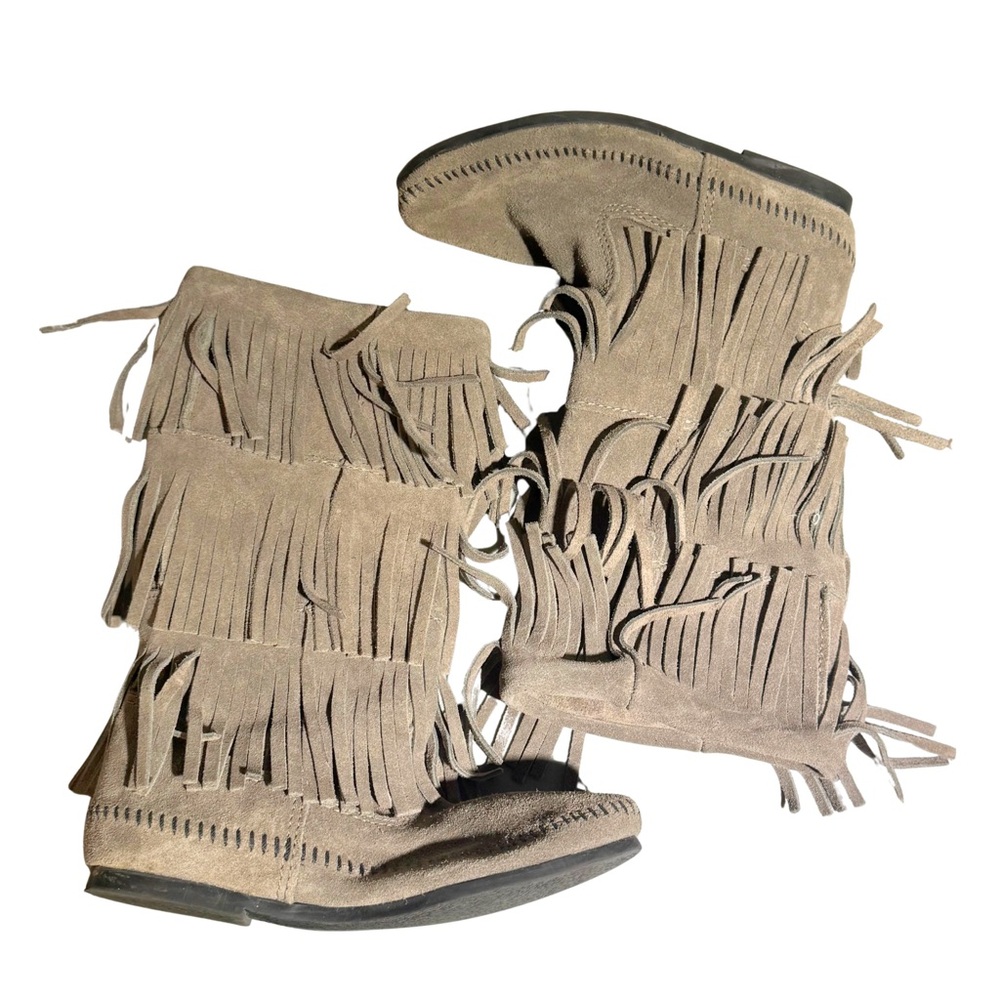 Minnetonka Tan Suede Fringe Heeled Boots